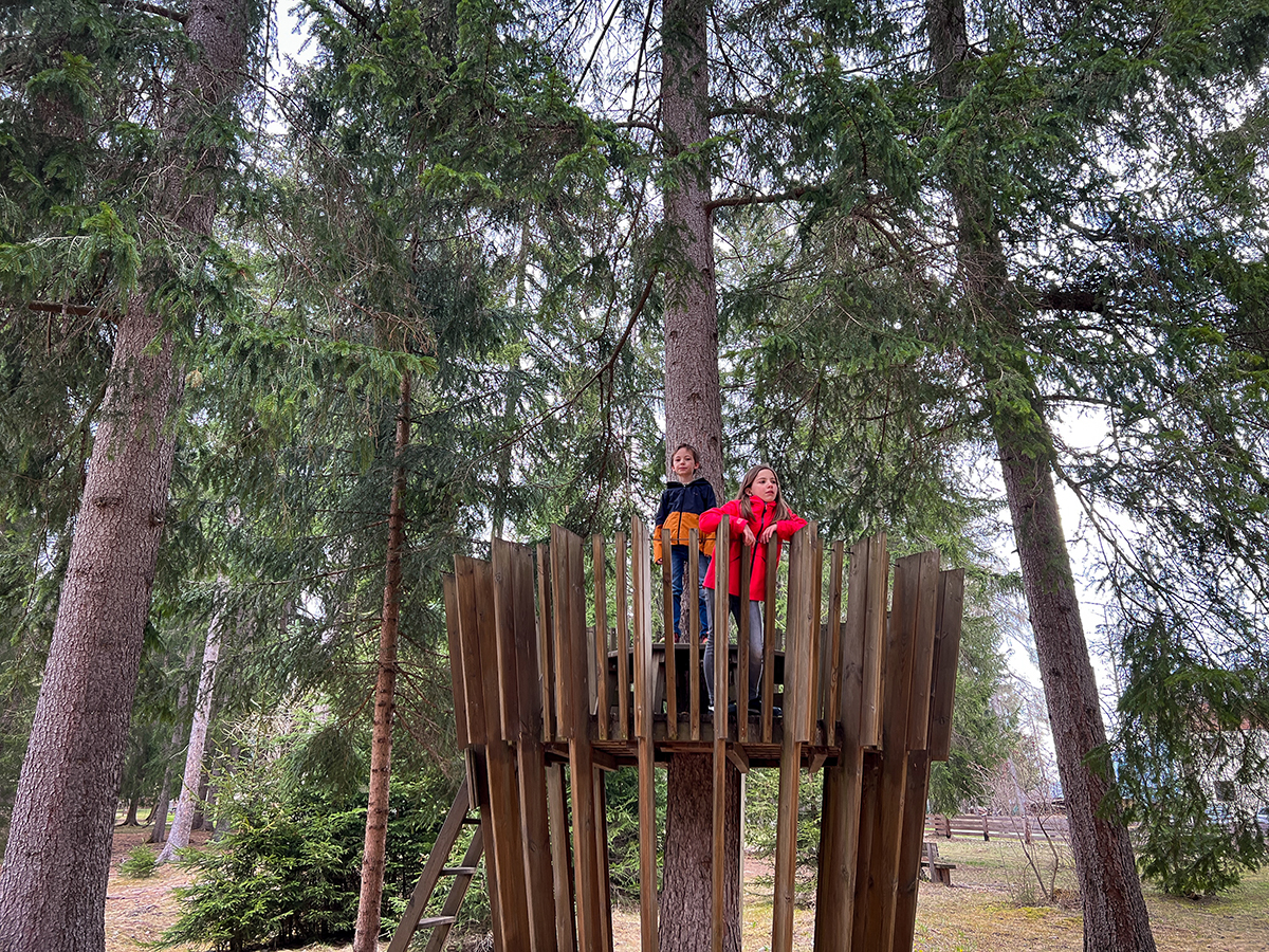 due bambini su una casa sull'albero al parco giochi Grieswaldile